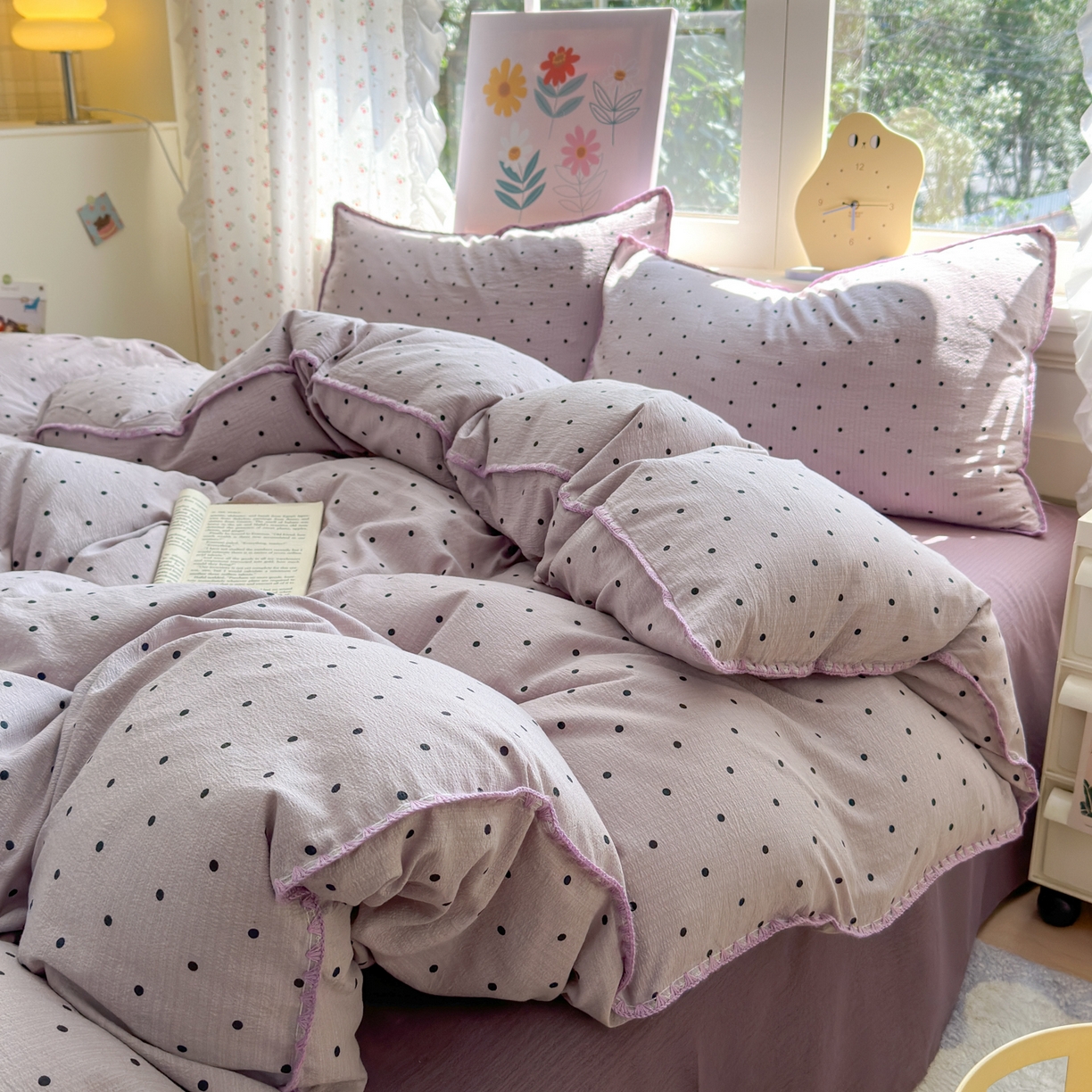 91家纺网 家纺一手货源 找家纺 喜颜 2025新款云感提花双层纱爆款贝壳边四件套 贝壳边-波点浅紫