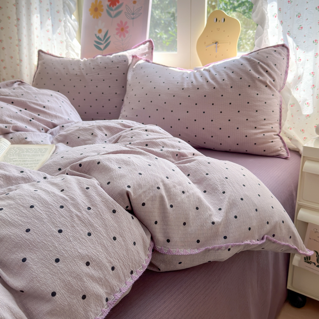 91家纺网 家纺一手货源 找家纺 喜颜 2025新款云感提花双层纱爆款贝壳边四件套 贝壳边-波点浅紫