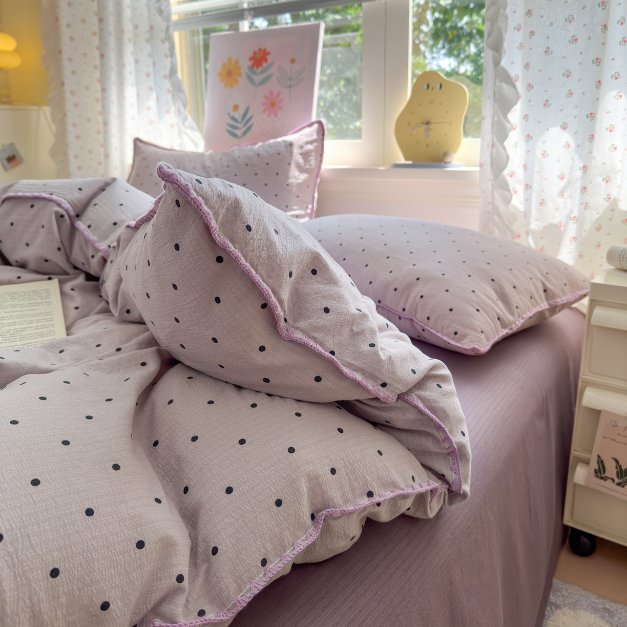 91家纺网 家纺一手货源 找家纺 喜颜 2025新款云感提花双层纱爆款贝壳边四件套 贝壳边-波点浅紫