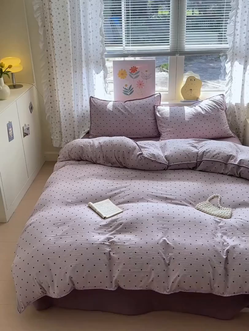 91家纺网 家纺一手货源 找家纺 喜颜 2025新款云感提花双层纱爆款贝壳边四件套 贝壳边-波点浅紫