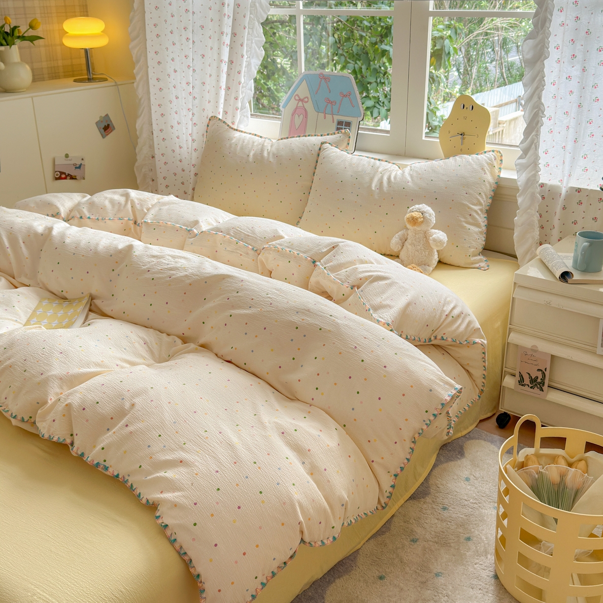 91家纺网 家纺一手货源 找家纺 喜颜 2025新款云感提花双层纱爆款贝壳边四件套 贝壳边-波点炫彩