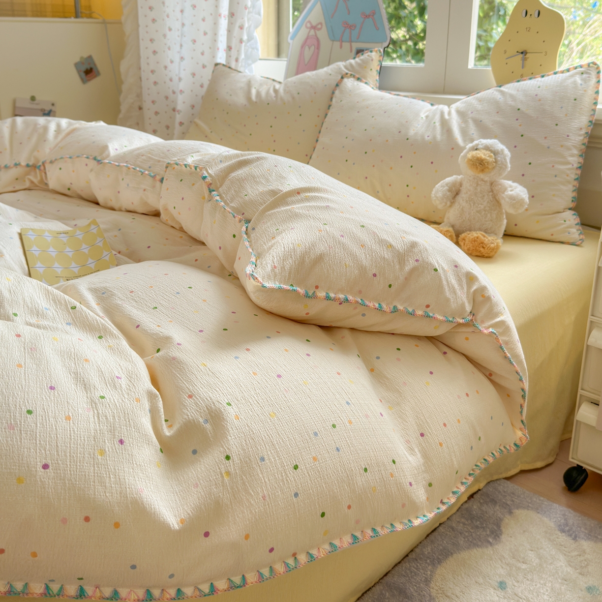 91家纺网 家纺一手货源 找家纺 喜颜 2025新款云感提花双层纱爆款贝壳边四件套 贝壳边-波点炫彩