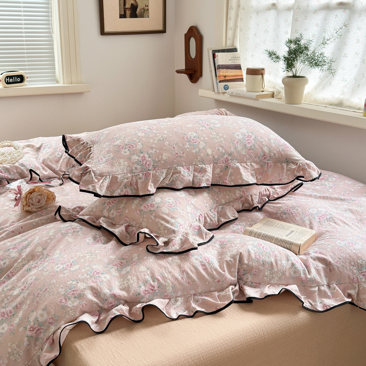 91家纺网 家纺一手货源 找家纺 （总）喜颜 2025新款爆款云感提花双层纱木棉花边四件套