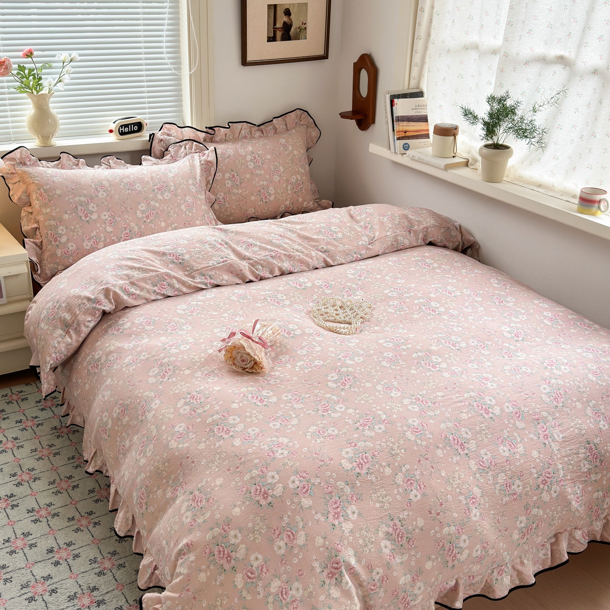 91家纺网 家纺一手货源 找家纺 （总）喜颜 2025新款爆款云感提花双层纱木棉花边四件套