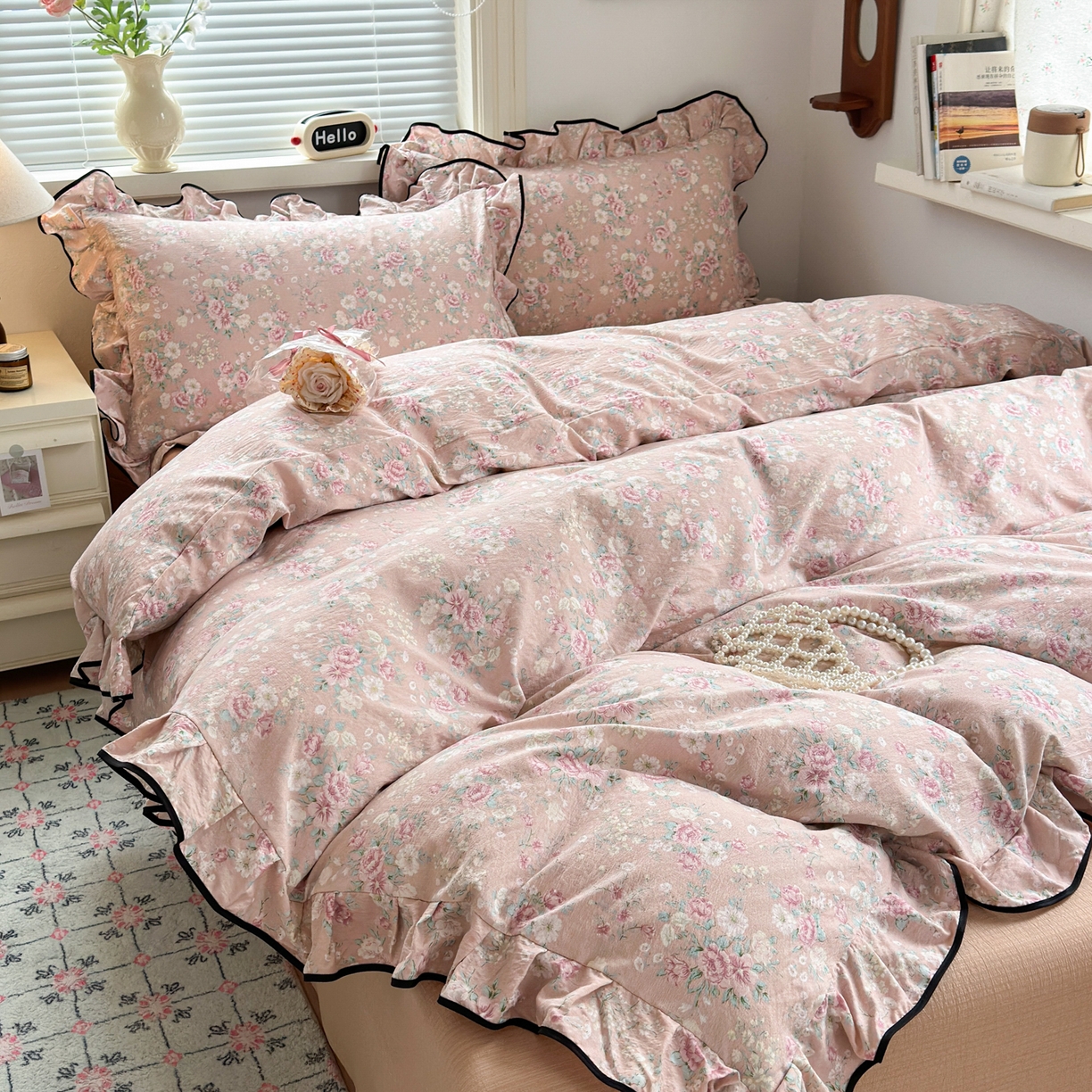 91家纺网 家纺一手货源 找家纺 （总）喜颜 2025新款爆款云感提花双层纱木棉花边四件套