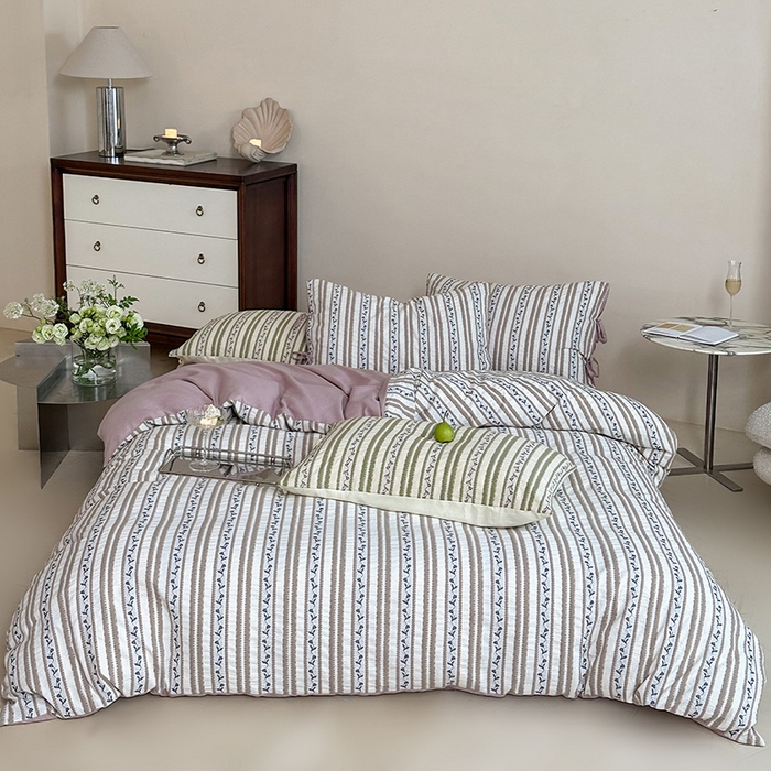 91家纺网 家纺一手货源 找家纺 （总）圆岛家纺 2025新款清新全棉色织三层纱提花四件套