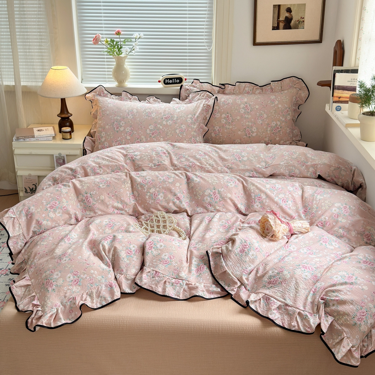 91家纺网 家纺一手货源 找家纺 （总）喜颜 2025新款爆款云感提花双层纱木棉花边四件套