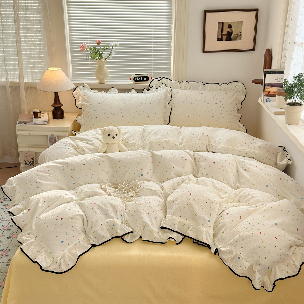 91家纺网 家纺一手货源 找家纺 （总）喜颜 2025新款爆款云感提花双层纱木棉花边四件套