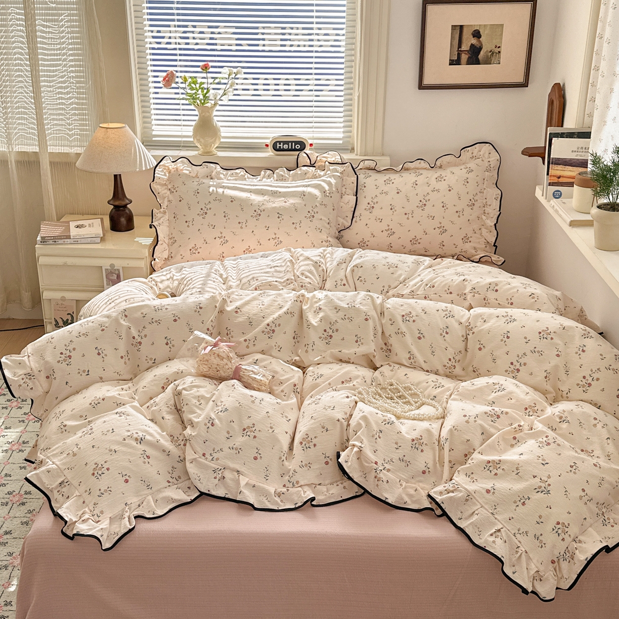 91家纺网 家纺一手货源 找家纺 （总）喜颜 2025新款爆款云感提花双层纱木棉花边四件套