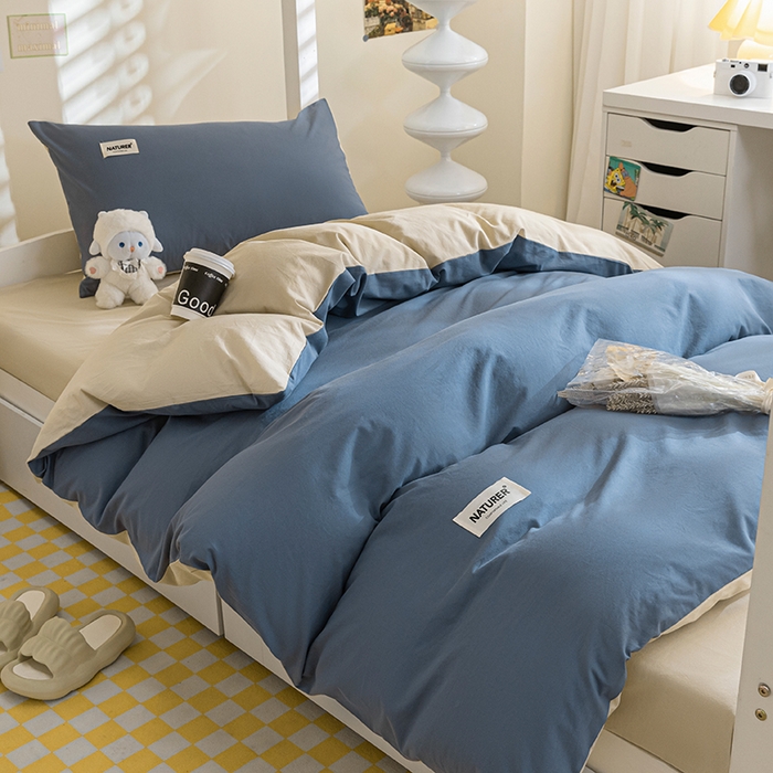 91家纺网 家纺一手货源 找家纺 佳汐蓝家纺 2025新款A类全棉水洗棉学生三件套 贴标-宾利蓝+奶茶