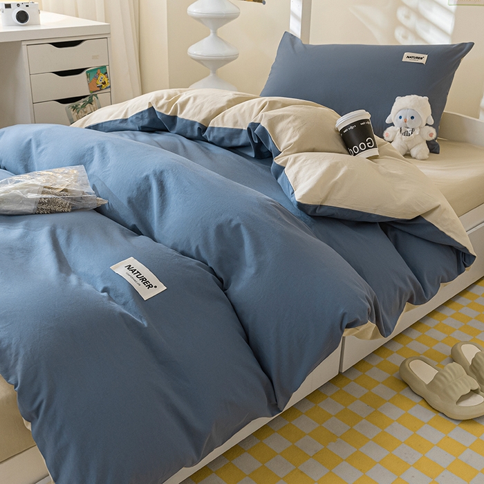 91家纺网 家纺一手货源 找家纺 佳汐蓝家纺 2025新款A类全棉水洗棉学生三件套 贴标-宾利蓝+奶茶