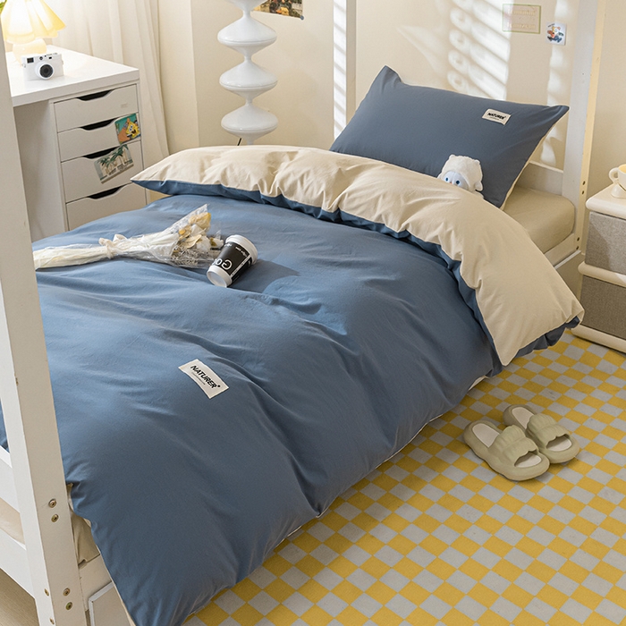 91家纺网 家纺一手货源 找家纺 佳汐蓝家纺 2025新款A类全棉水洗棉学生三件套 贴标-宾利蓝+奶茶