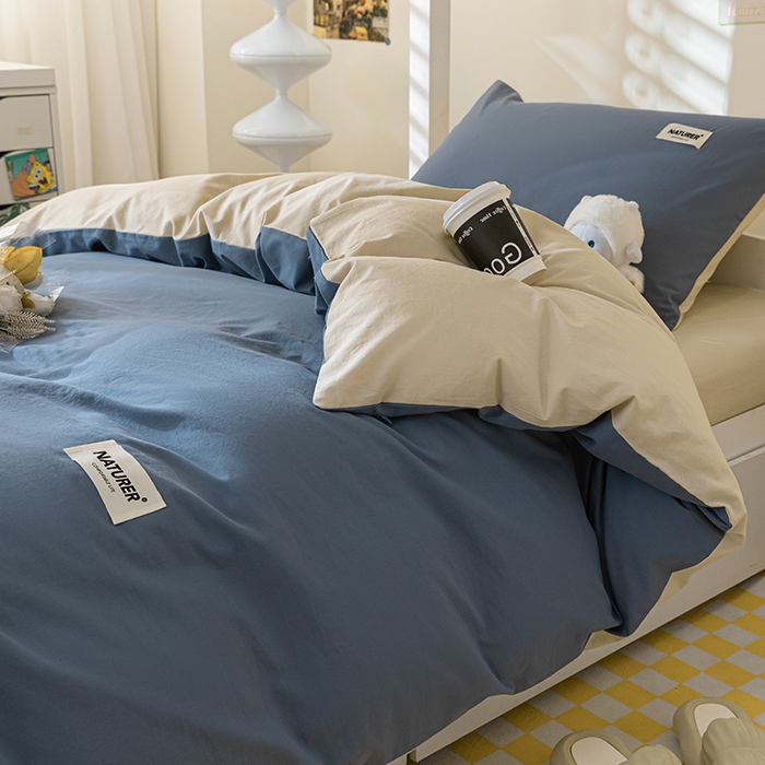 91家纺网 家纺一手货源 找家纺 佳汐蓝家纺 2025新款A类全棉水洗棉学生三件套 贴标-宾利蓝+奶茶