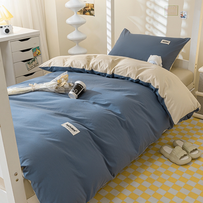 91家纺网 家纺一手货源 找家纺 佳汐蓝家纺 2025新款A类全棉水洗棉学生三件套 贴标-宾利蓝+奶茶