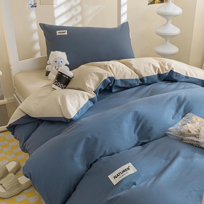 91家纺网 家纺一手货源 找家纺 佳汐蓝家纺 2025新款A类全棉水洗棉学生三件套 贴标-宾利蓝+奶茶