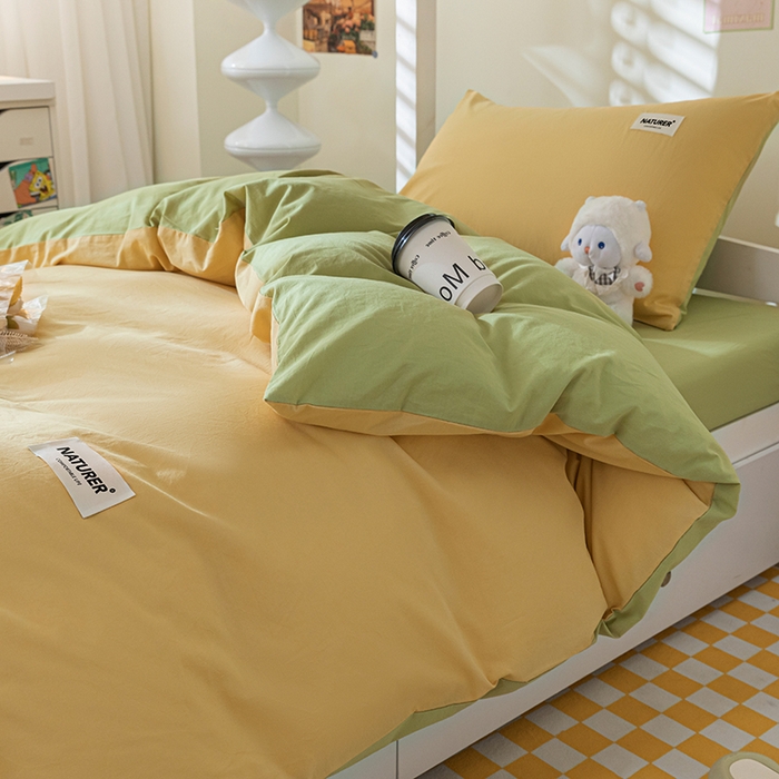 91家纺网 家纺一手货源 找家纺 佳汐蓝家纺 2025新款A类全棉水洗棉学生三件套 贴标-初黄+果绿