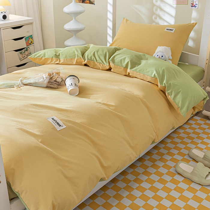 91家纺网 家纺一手货源 找家纺 佳汐蓝家纺 2025新款A类全棉水洗棉学生三件套 贴标-初黄+果绿