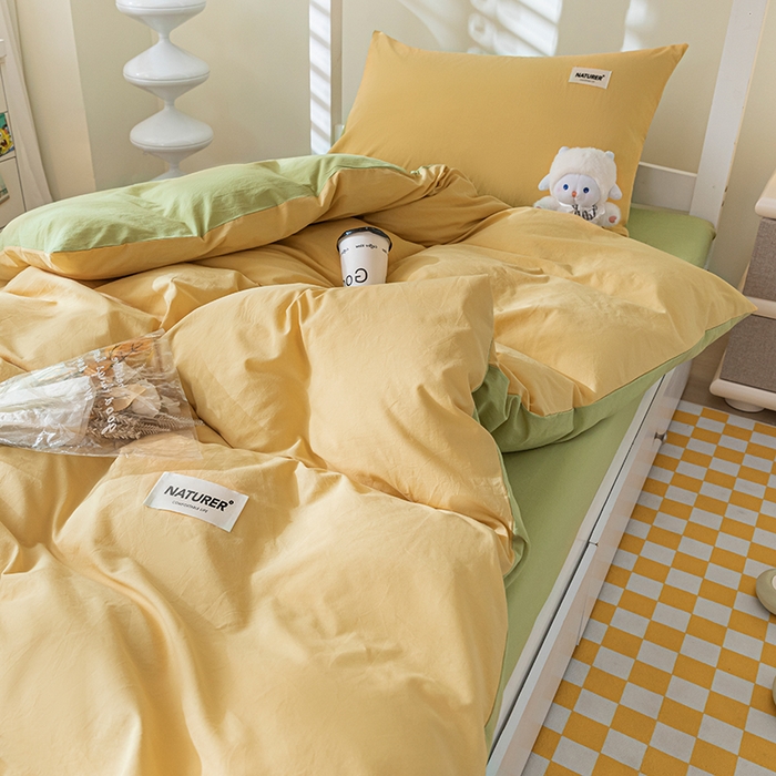 91家纺网 家纺一手货源 找家纺 佳汐蓝家纺 2025新款A类全棉水洗棉学生三件套 贴标-初黄+果绿