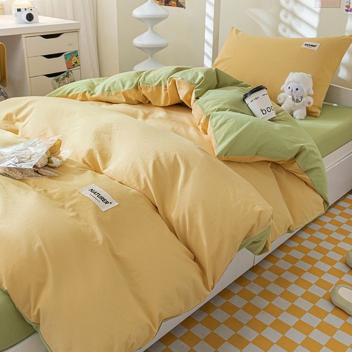 91家纺网 家纺一手货源 找家纺 佳汐蓝家纺 2025新款A类全棉水洗棉学生三件套 贴标-初黄+果绿