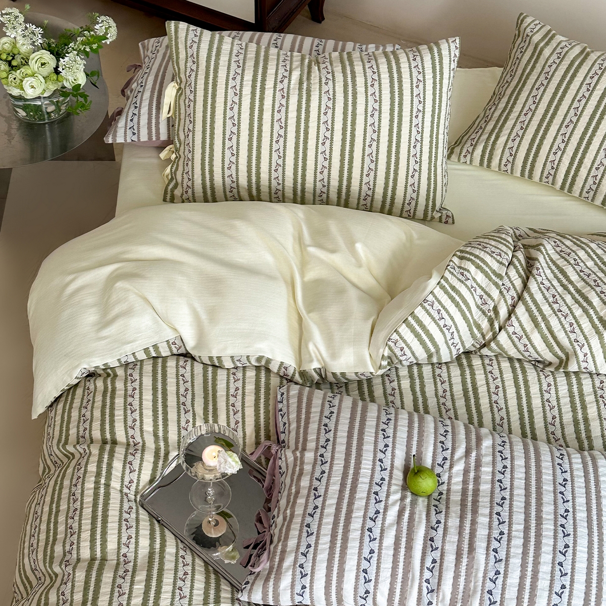 91家纺网 家纺一手货源 找家纺 （总）圆岛家纺 2025新款清新全棉色织三层纱提花四件套