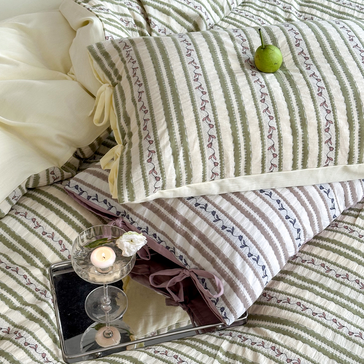 91家纺网 家纺一手货源 找家纺 （总）圆岛家纺 2025新款清新全棉色织三层纱提花四件套