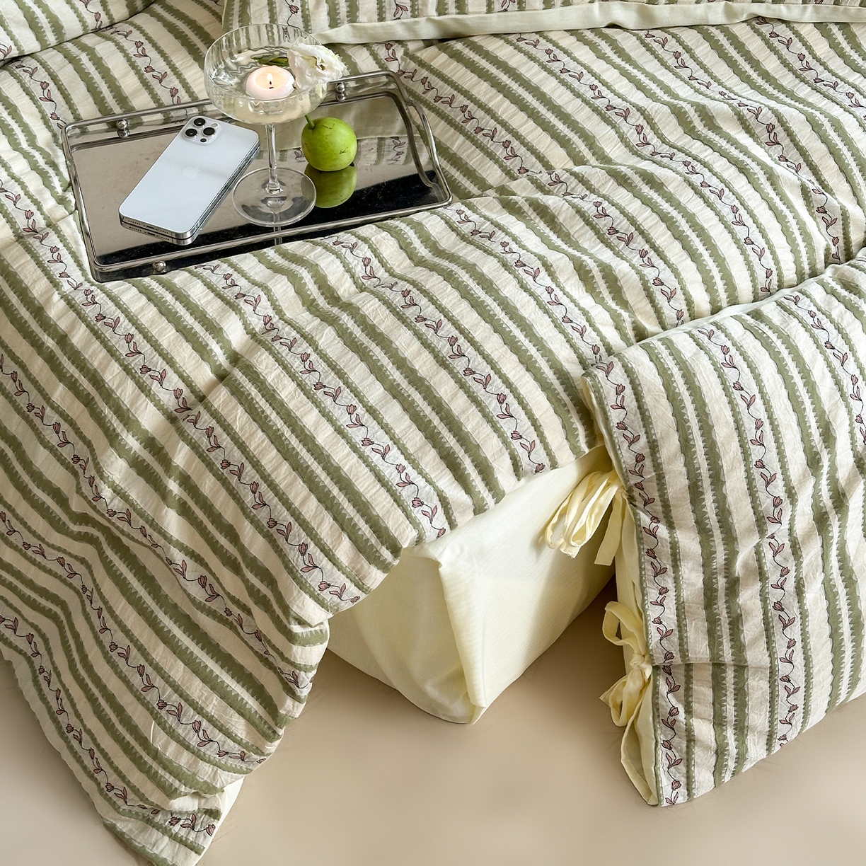 91家纺网 家纺一手货源 找家纺 （总）圆岛家纺 2025新款清新全棉色织三层纱提花四件套