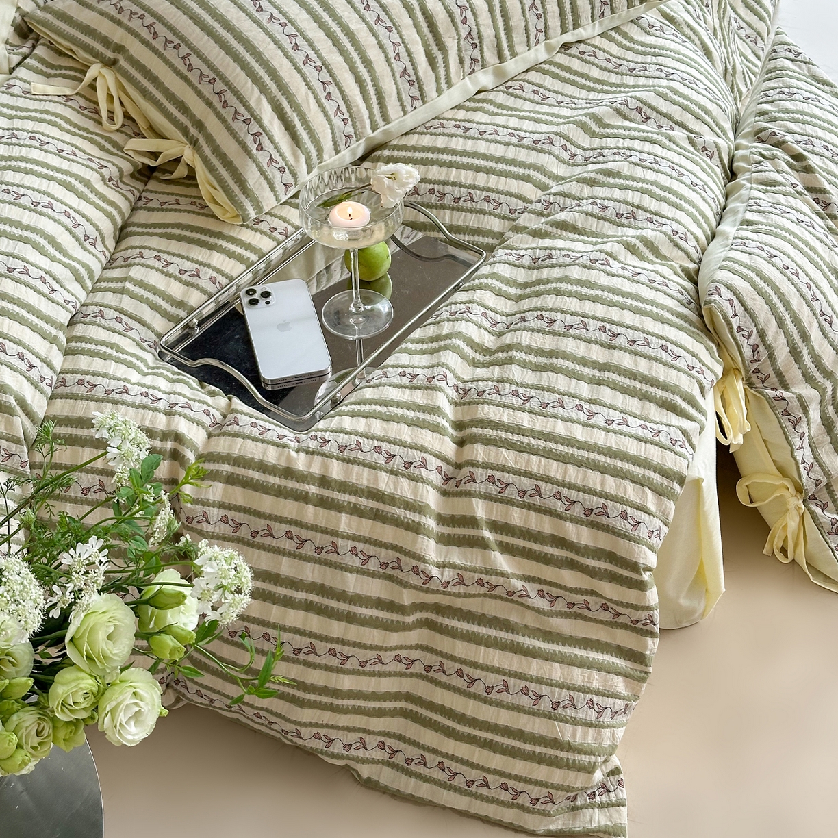 91家纺网 家纺一手货源 找家纺 （总）圆岛家纺 2025新款清新全棉色织三层纱提花四件套