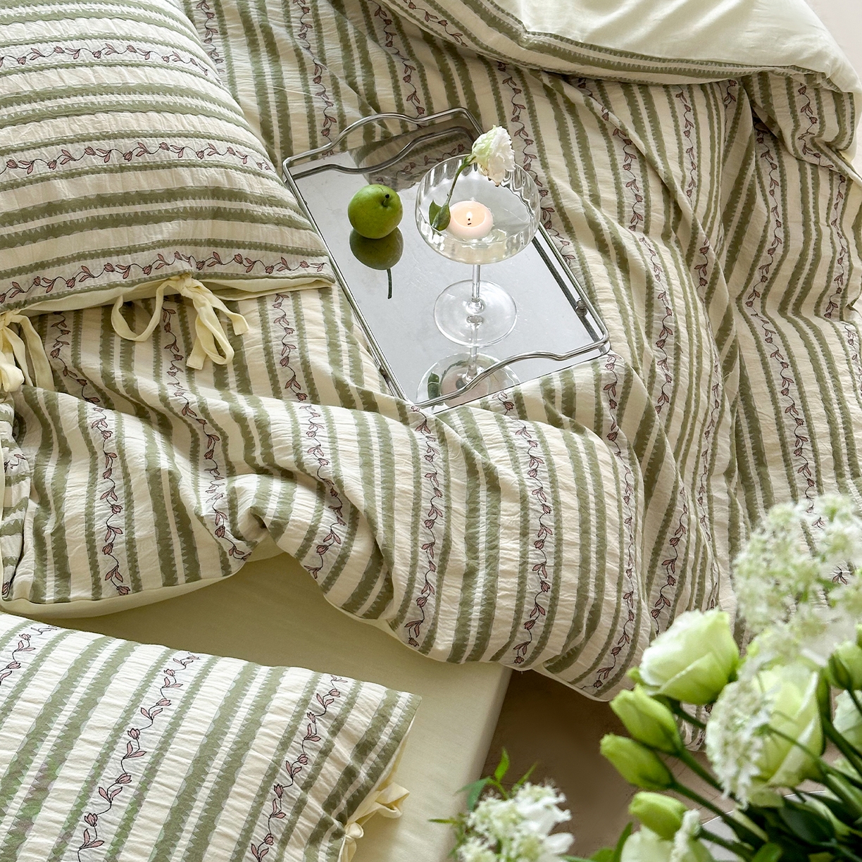 91家纺网 家纺一手货源 找家纺 （总）圆岛家纺 2025新款清新全棉色织三层纱提花四件套