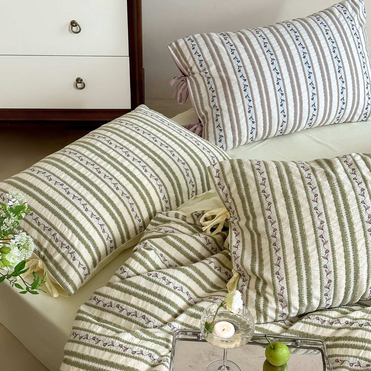 91家纺网 家纺一手货源 找家纺 （总）圆岛家纺 2025新款清新全棉色织三层纱提花四件套