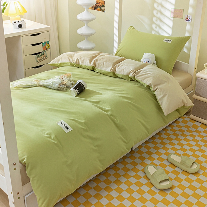 91家纺网 家纺一手货源 找家纺 佳汐蓝家纺 2025新款A类全棉水洗棉学生三件套 贴标-果绿+奶茶