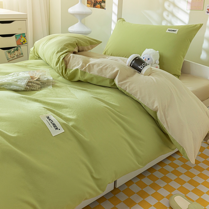 91家纺网 家纺一手货源 找家纺 佳汐蓝家纺 2025新款A类全棉水洗棉学生三件套 贴标-果绿+奶茶