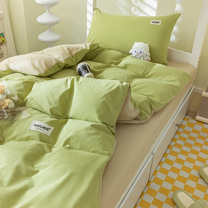 91家纺网 家纺一手货源 找家纺 佳汐蓝家纺 2025新款A类全棉水洗棉学生三件套 贴标-果绿+奶茶