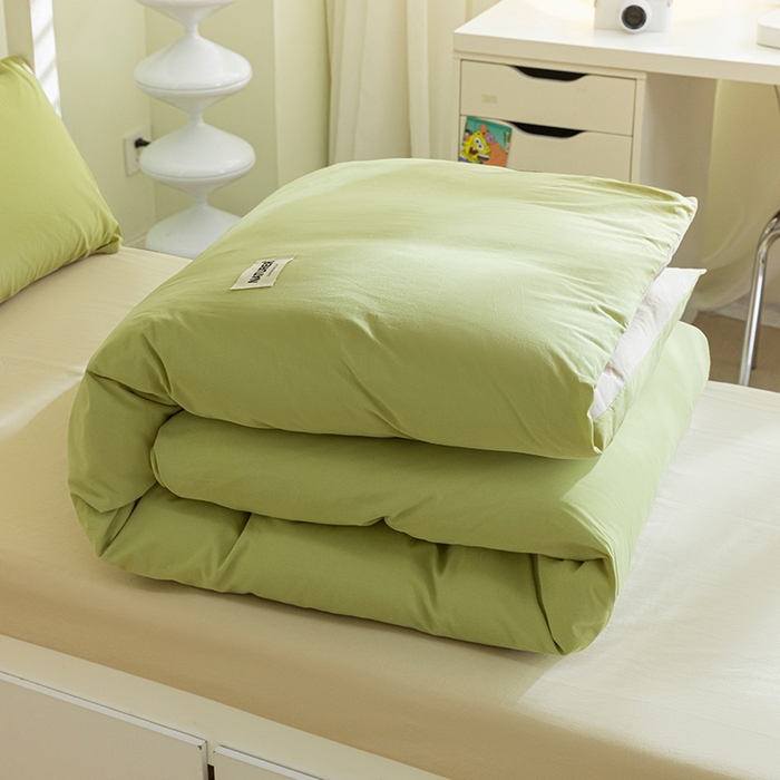 91家纺网 家纺一手货源 找家纺 佳汐蓝家纺 2025新款A类全棉水洗棉学生三件套 贴标-果绿+奶茶