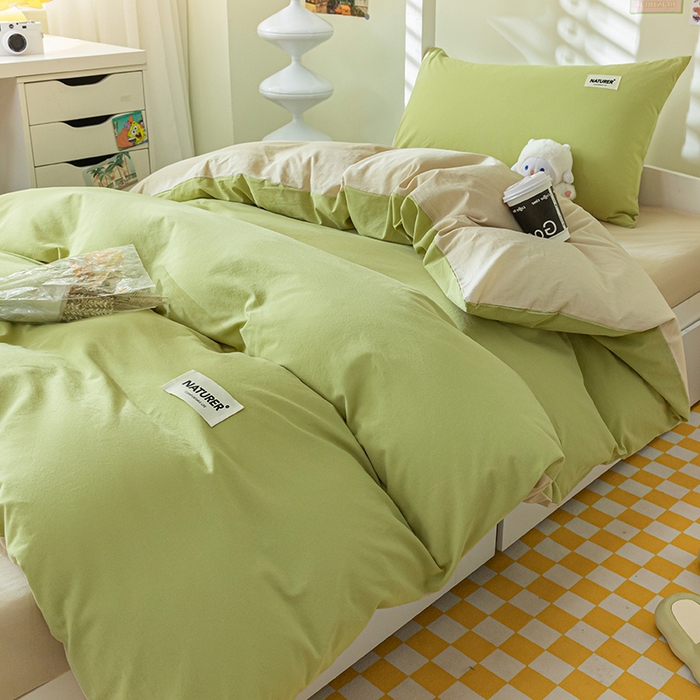 91家纺网 家纺一手货源 找家纺 佳汐蓝家纺 2025新款A类全棉水洗棉学生三件套 贴标-果绿+奶茶