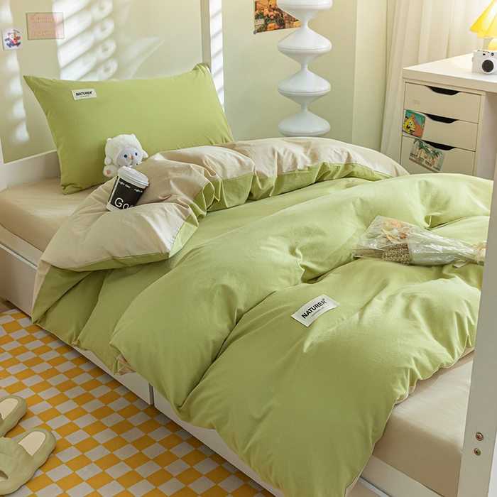 91家纺网 家纺一手货源 找家纺 佳汐蓝家纺 2025新款A类全棉水洗棉学生三件套 贴标-果绿+奶茶