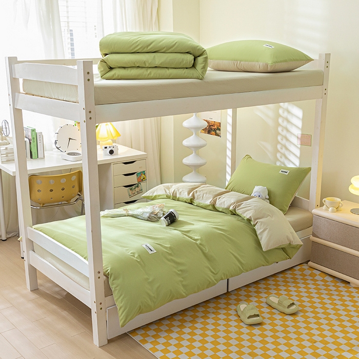 佳汐蓝家纺 2025新款A类全棉水洗棉学生三件套 贴标-果绿+奶茶