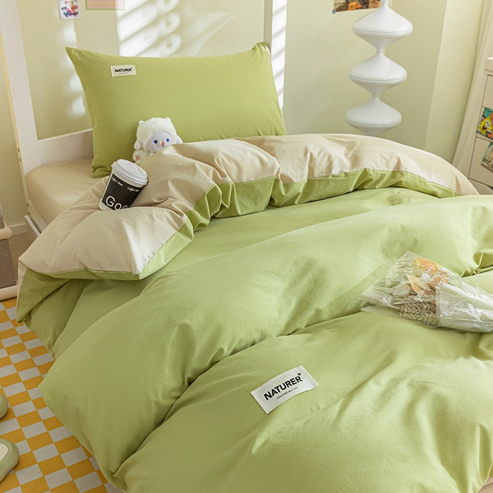 91家纺网 家纺一手货源 找家纺 佳汐蓝家纺 2025新款A类全棉水洗棉学生三件套 贴标-果绿+奶茶