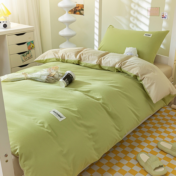 91家纺网 家纺一手货源 找家纺 佳汐蓝家纺 2025新款A类全棉水洗棉学生三件套 贴标-果绿+奶茶