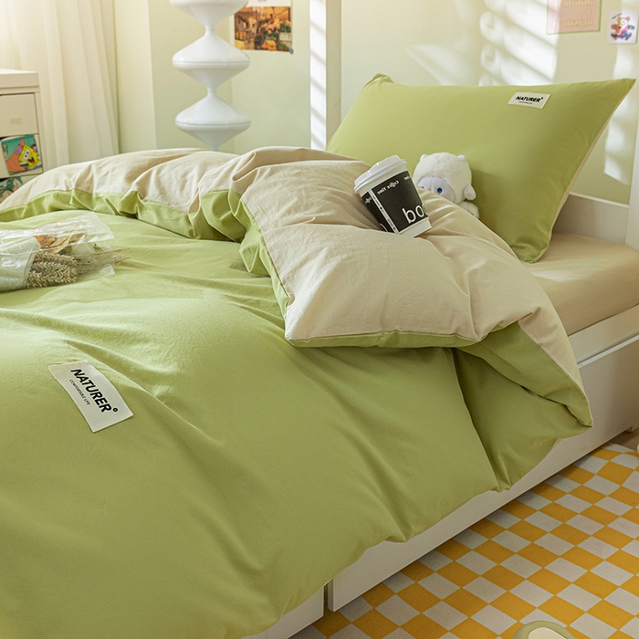 91家纺网 家纺一手货源 找家纺 佳汐蓝家纺 2025新款A类全棉水洗棉学生三件套 贴标-果绿+奶茶