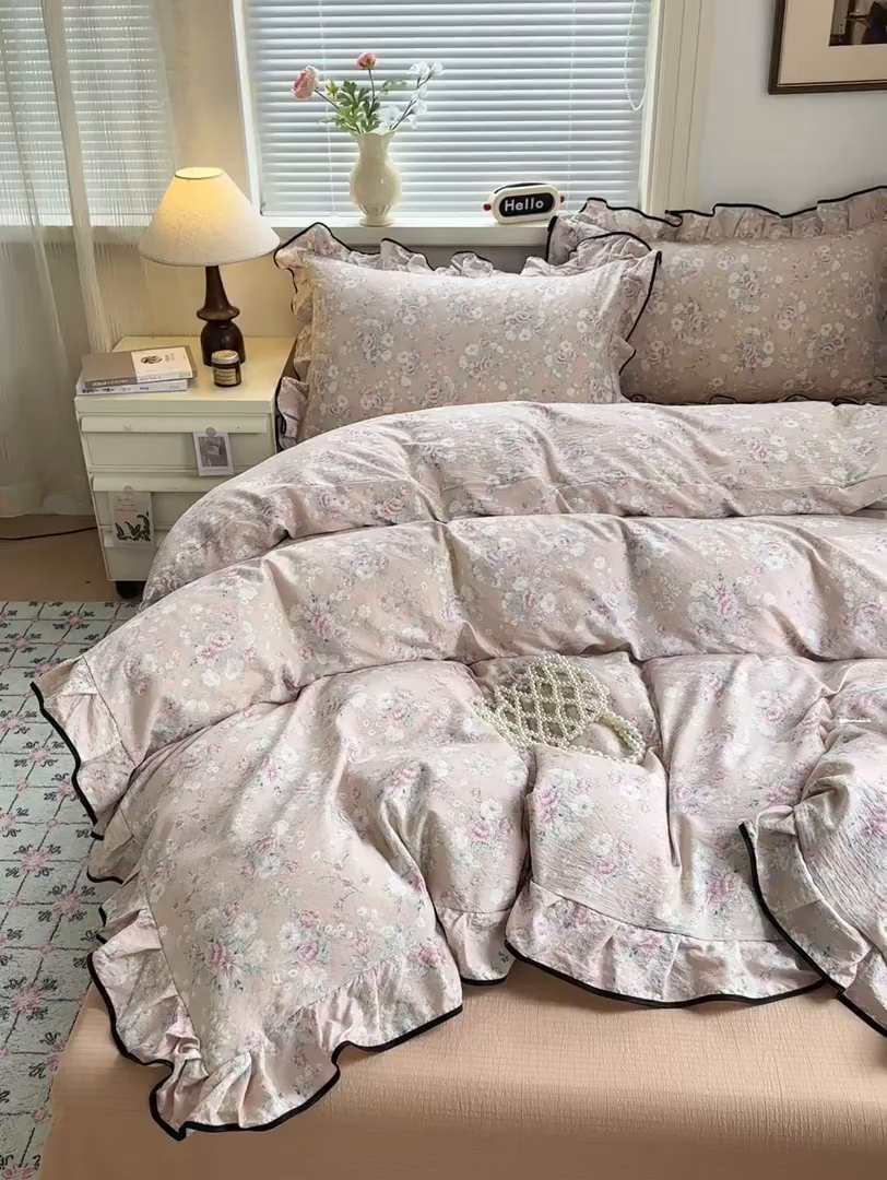 91家纺网 家纺一手货源 找家纺 喜颜 2025新款爆款云感提花双层纱木棉花边四件套 春风十里