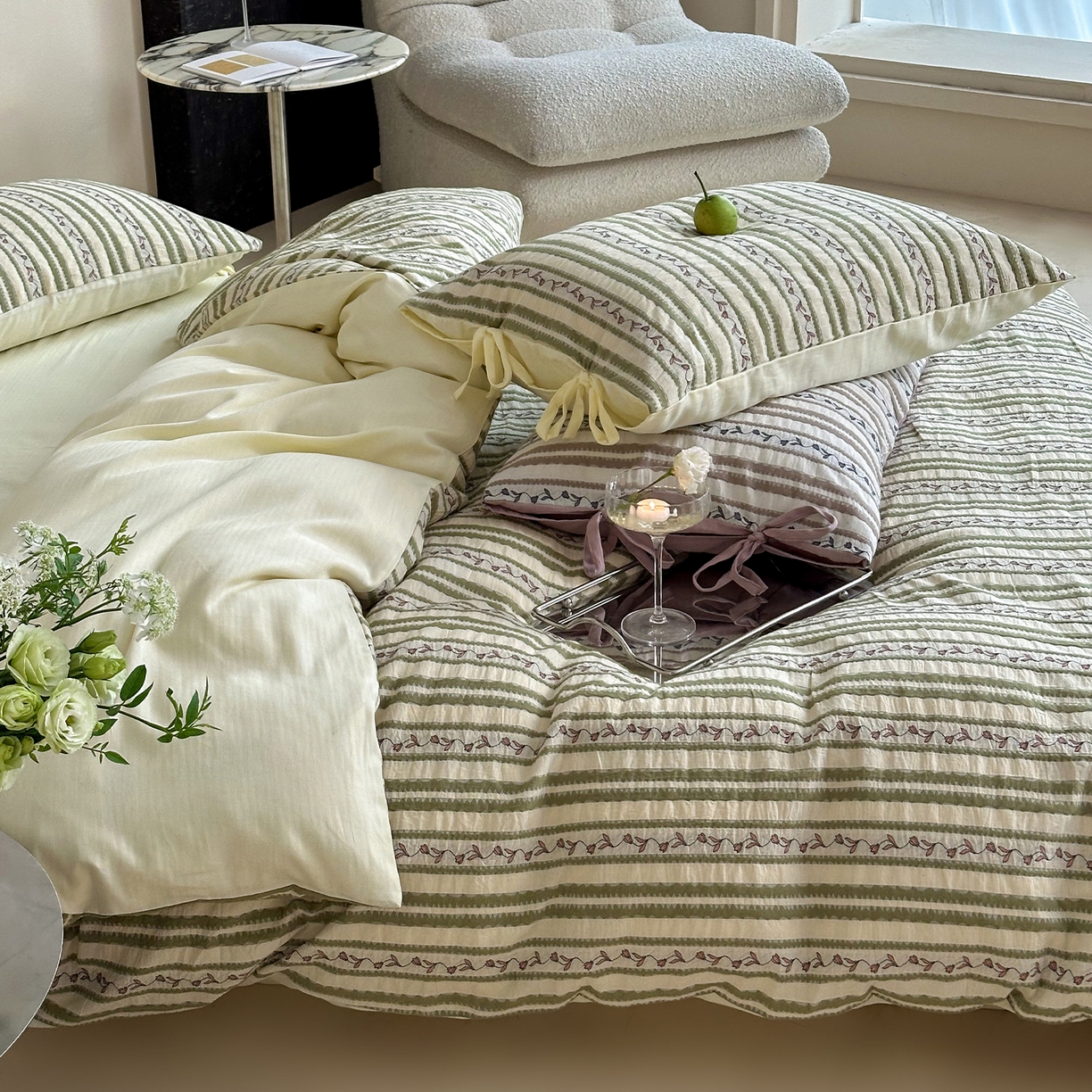 91家纺网 家纺一手货源 找家纺 圆岛家纺 2025新款清新全棉色织三层纱提花四件套 麻绿