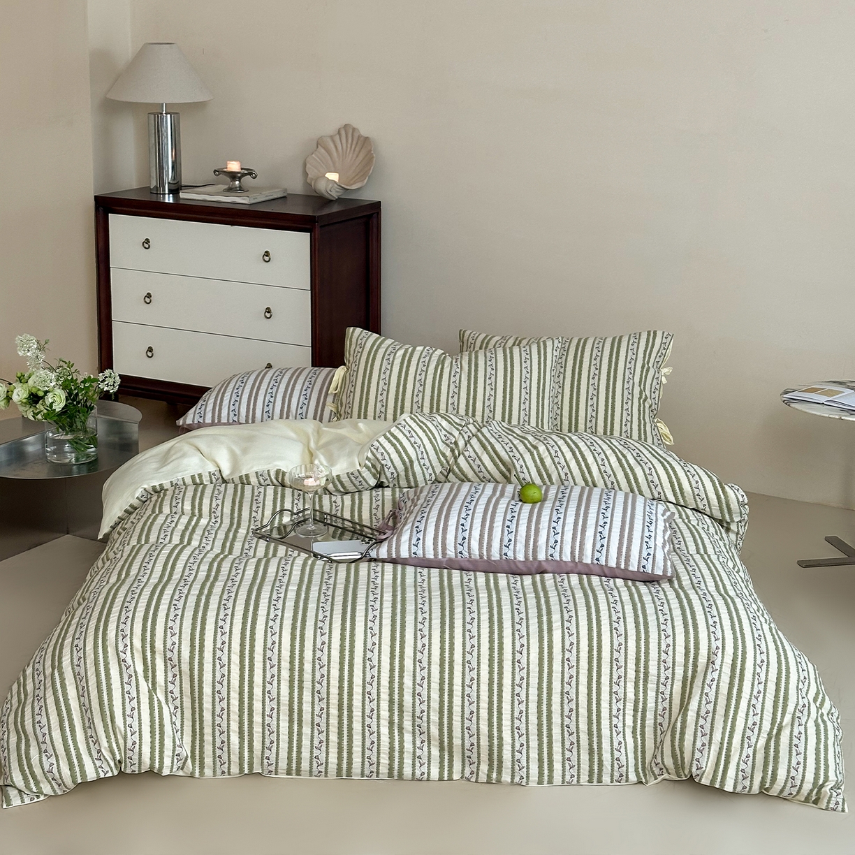 圆岛家纺 2025新款清新全棉色织三层纱提花四件套 麻绿