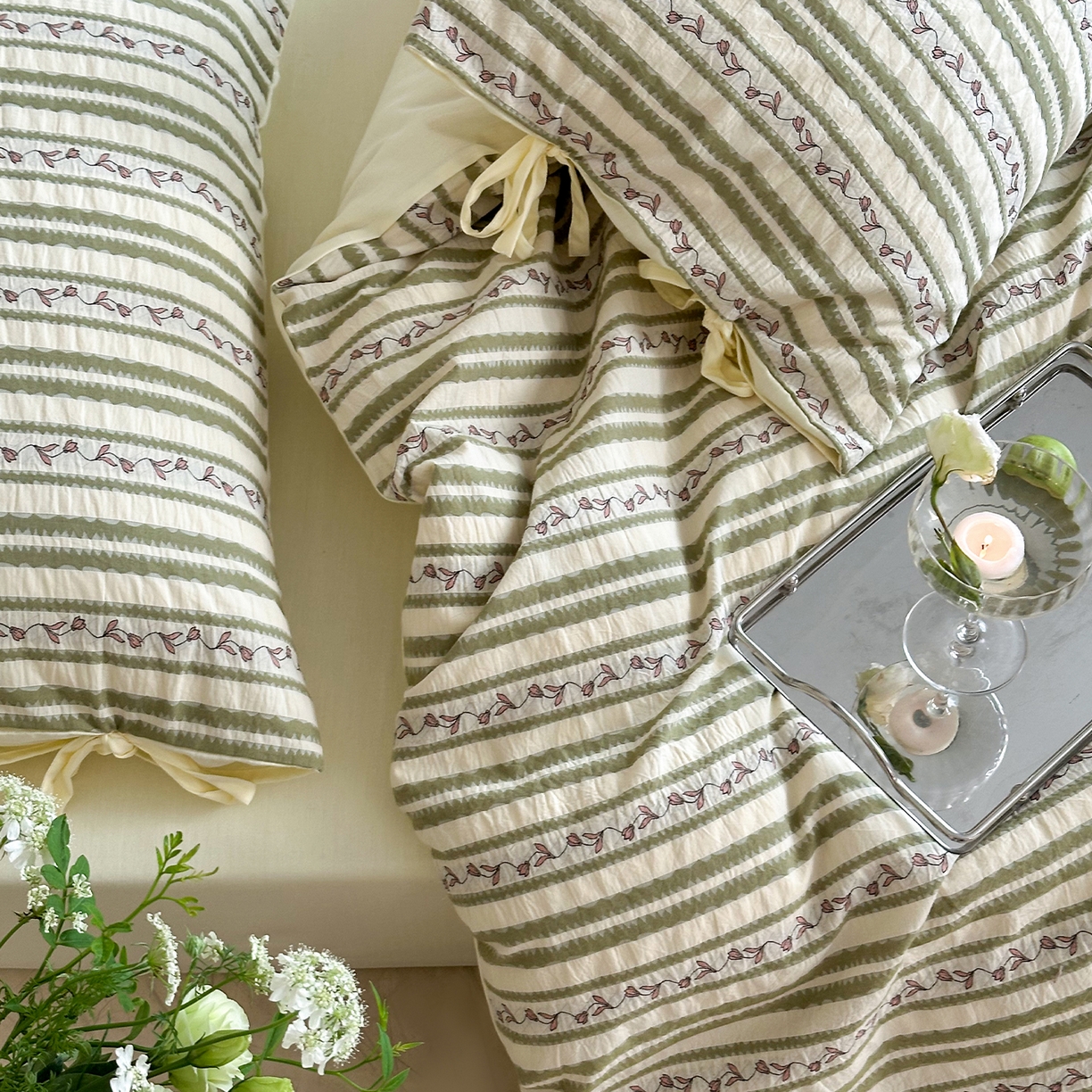 91家纺网 家纺一手货源 找家纺 圆岛家纺 2025新款清新全棉色织三层纱提花四件套 麻绿