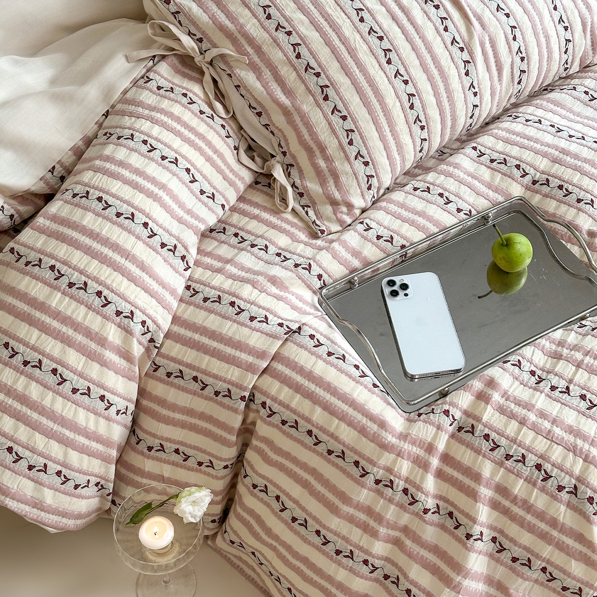 91家纺网 家纺一手货源 找家纺 圆岛家纺 2025新款清新全棉色织三层纱提花四件套 雾粉