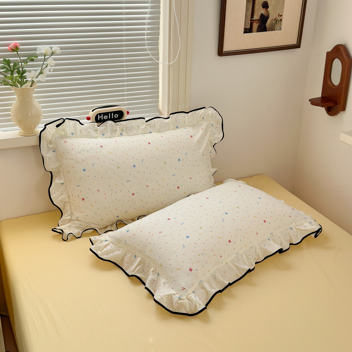 91家纺网 家纺一手货源 找家纺 喜颜 2025新款爆款云感提花双层纱木棉花边四件套 奶酪星星