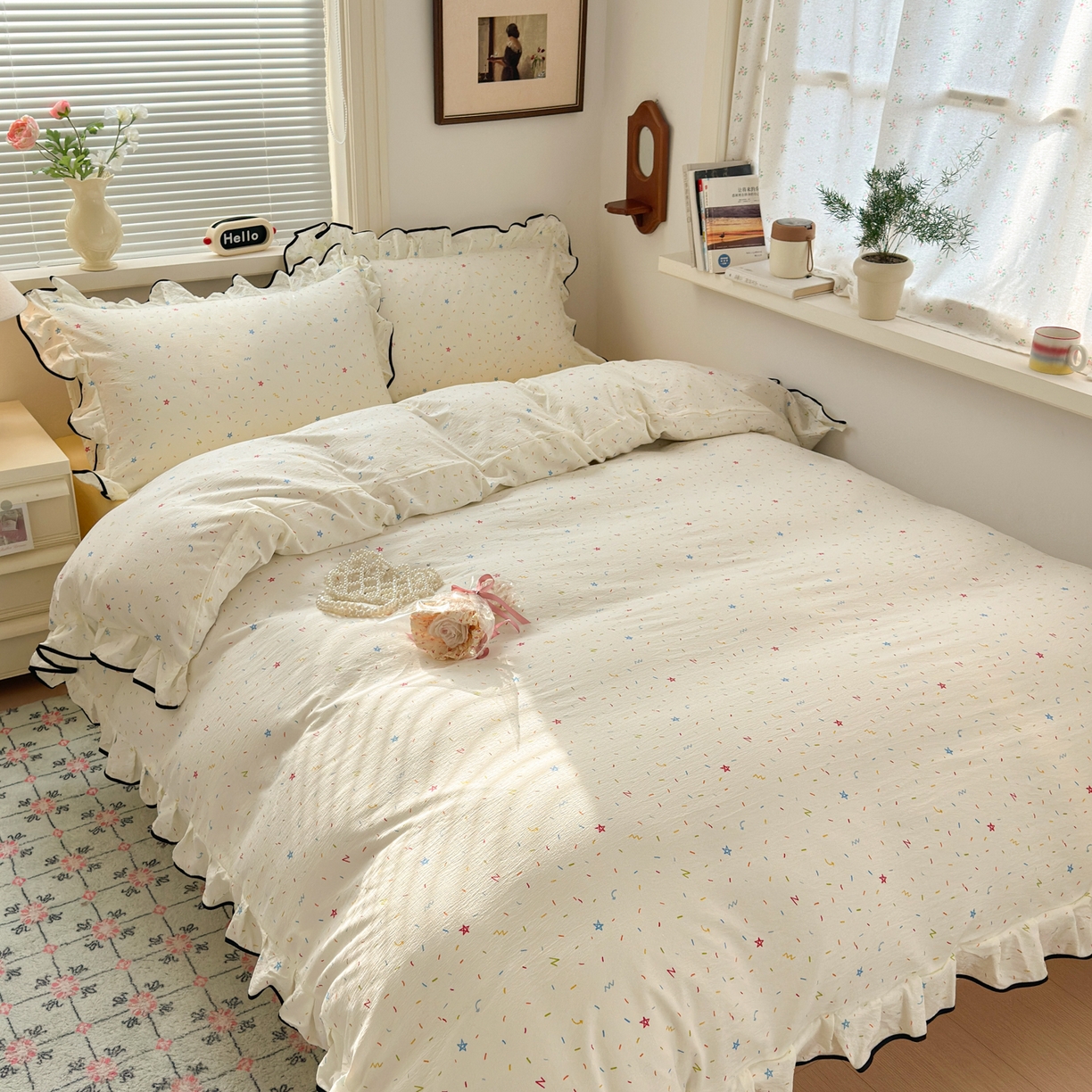 91家纺网 家纺一手货源 找家纺 喜颜 2025新款爆款云感提花双层纱木棉花边四件套 奶酪星星