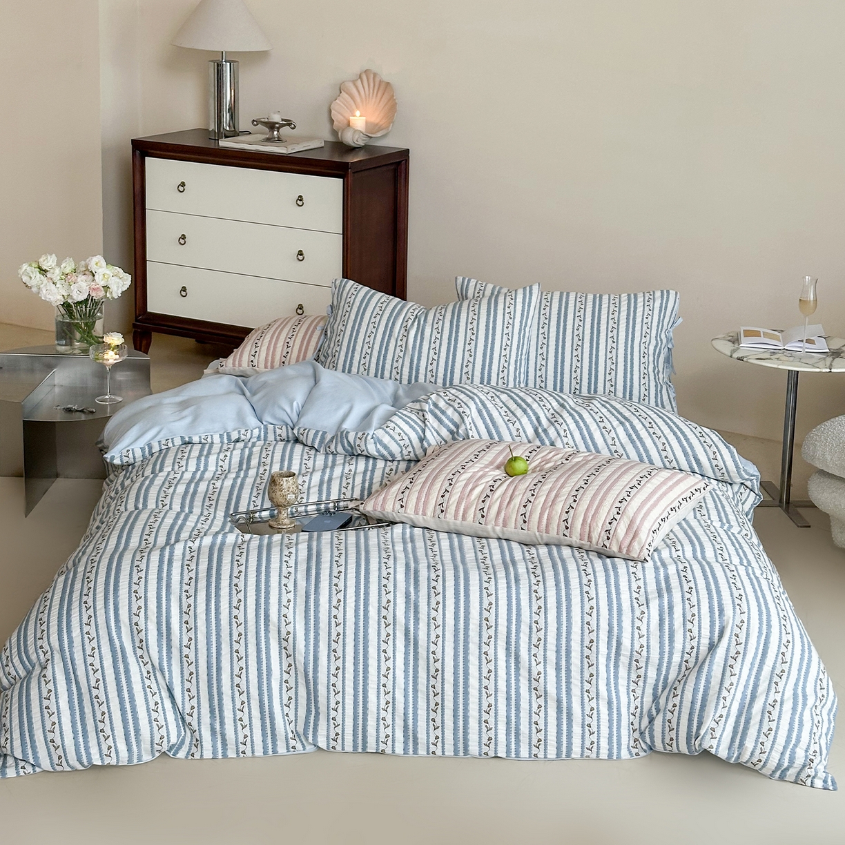 圆岛家纺 2025新款清新全棉色织三层纱提花四件套 雾蓝