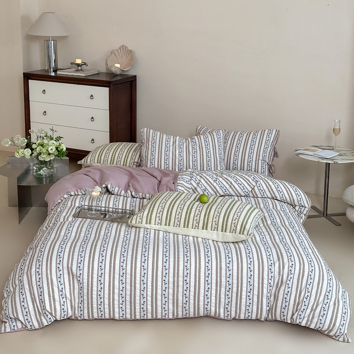 圆岛家纺 2025新款清新全棉色织三层纱提花四件套 烟紫