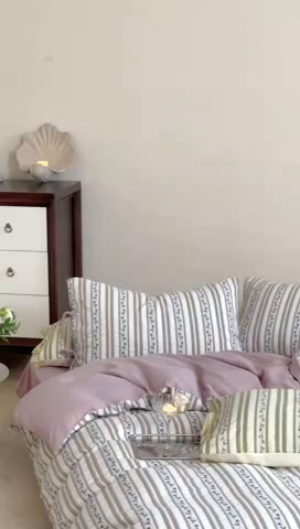 91家纺网 家纺一手货源 找家纺 圆岛家纺 2025新款清新全棉色织三层纱提花四件套 烟紫