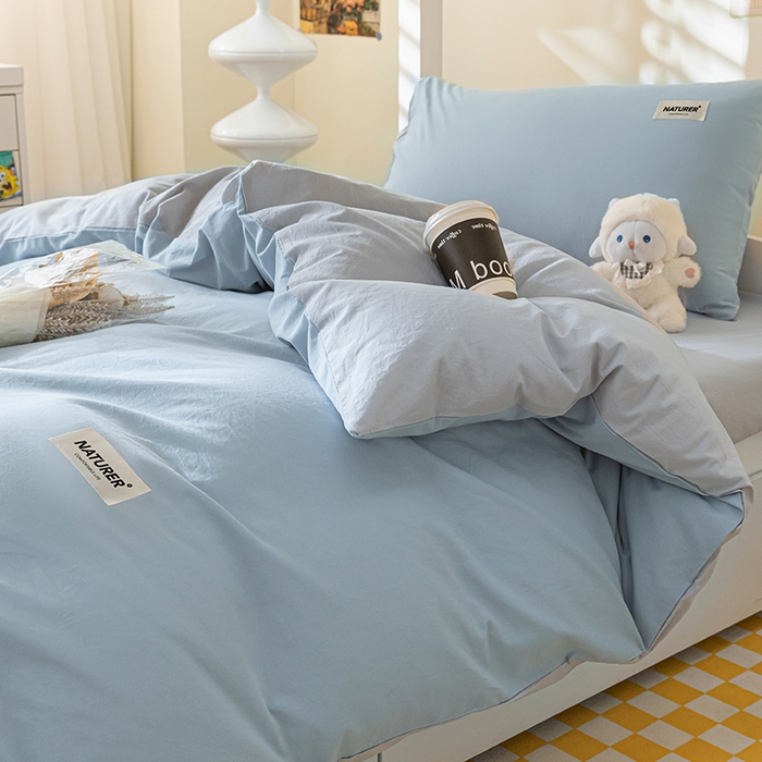 91家纺网 家纺一手货源 找家纺 佳汐蓝家纺 2025新款A类全棉水洗棉学生三件套 贴标-海青+山灰